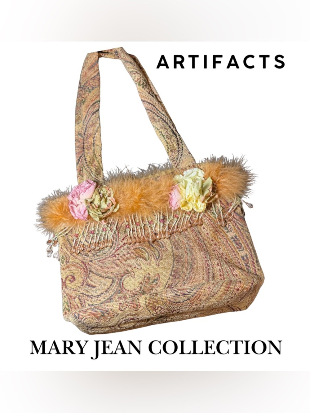 Artifacts Mary Jean Collection Vintage Tapestry Boho Fur Trim Floral Purse